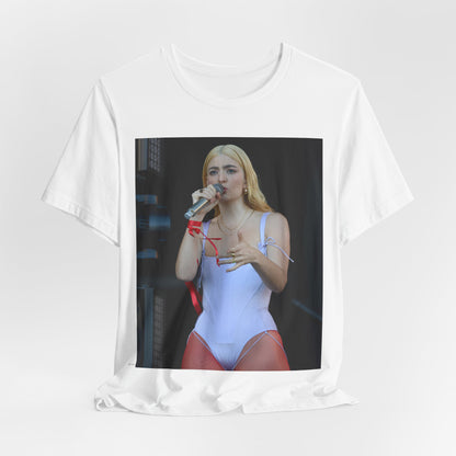 A black graphic t-shirt featuring a graphic or photo of Lorde performing on stage in a cool alternative music style.