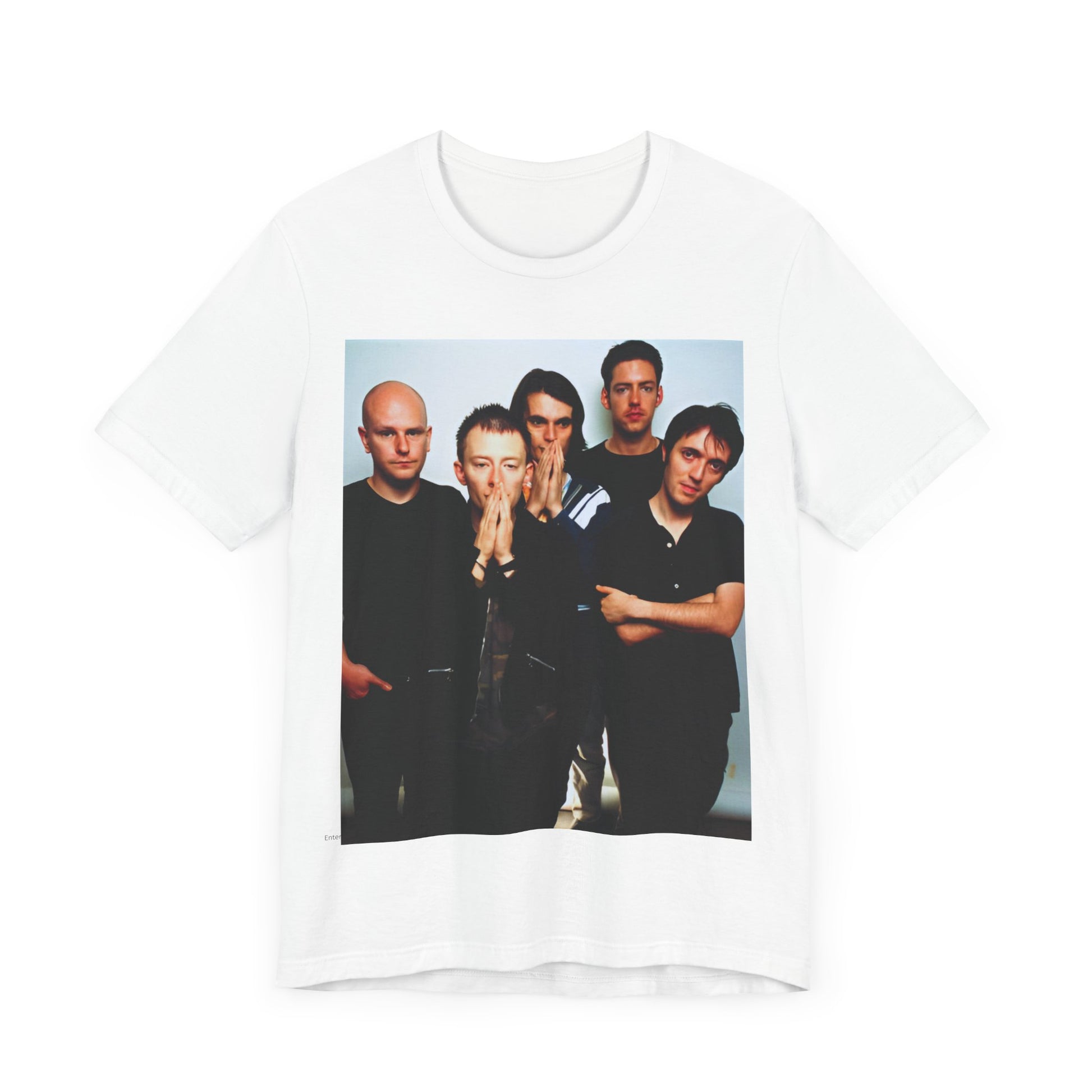 A black graphic t-shirt featuring a bold alt rock superstar graphic of Radiohead.