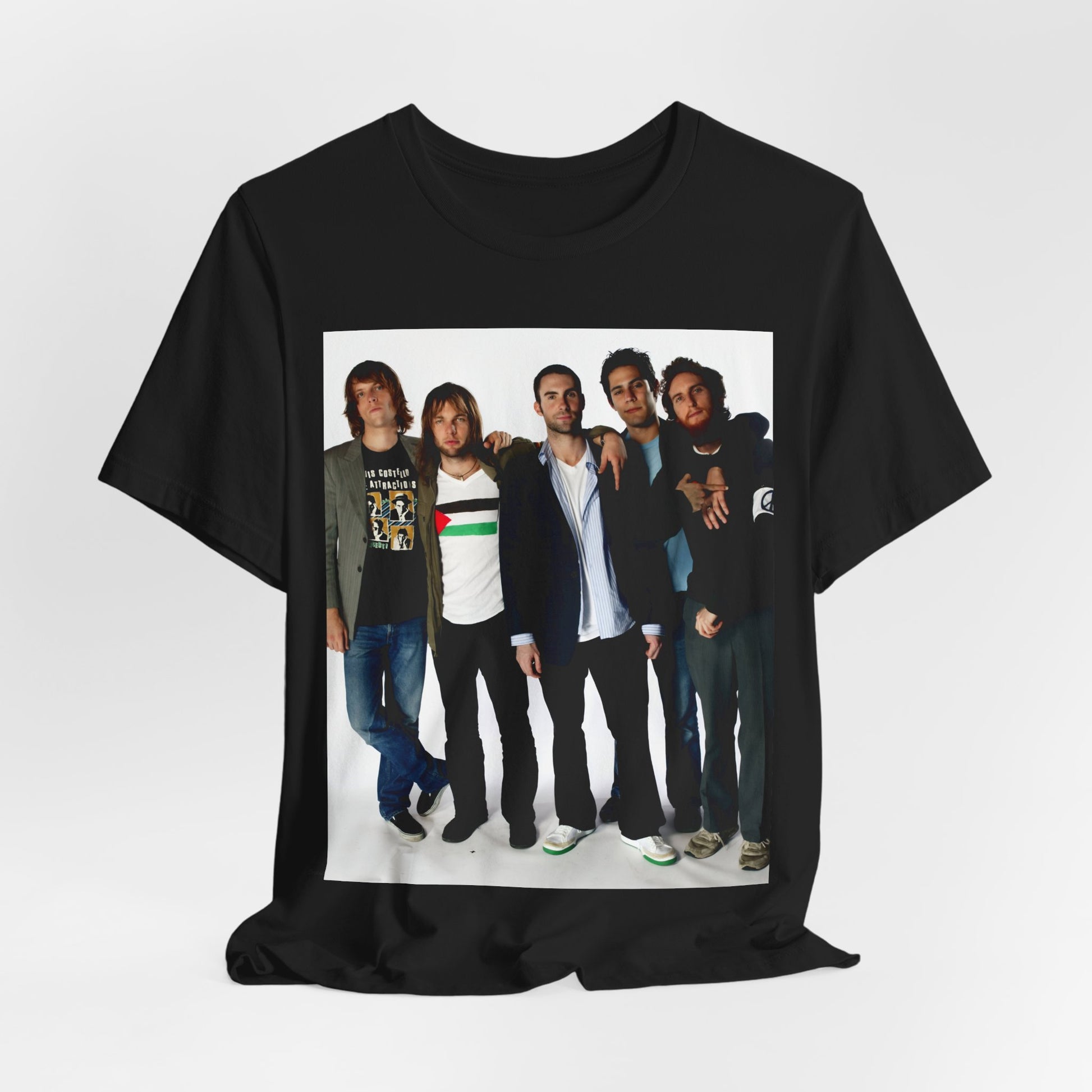 A scrapbook-style collage of various photos of the band Maroon 5 from a classic era, printed on a graphic t-shirt