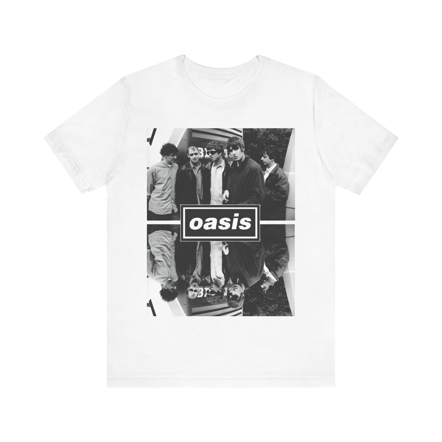 A black graphic t-shirt featuring an early days band photo graphic of Oasis.