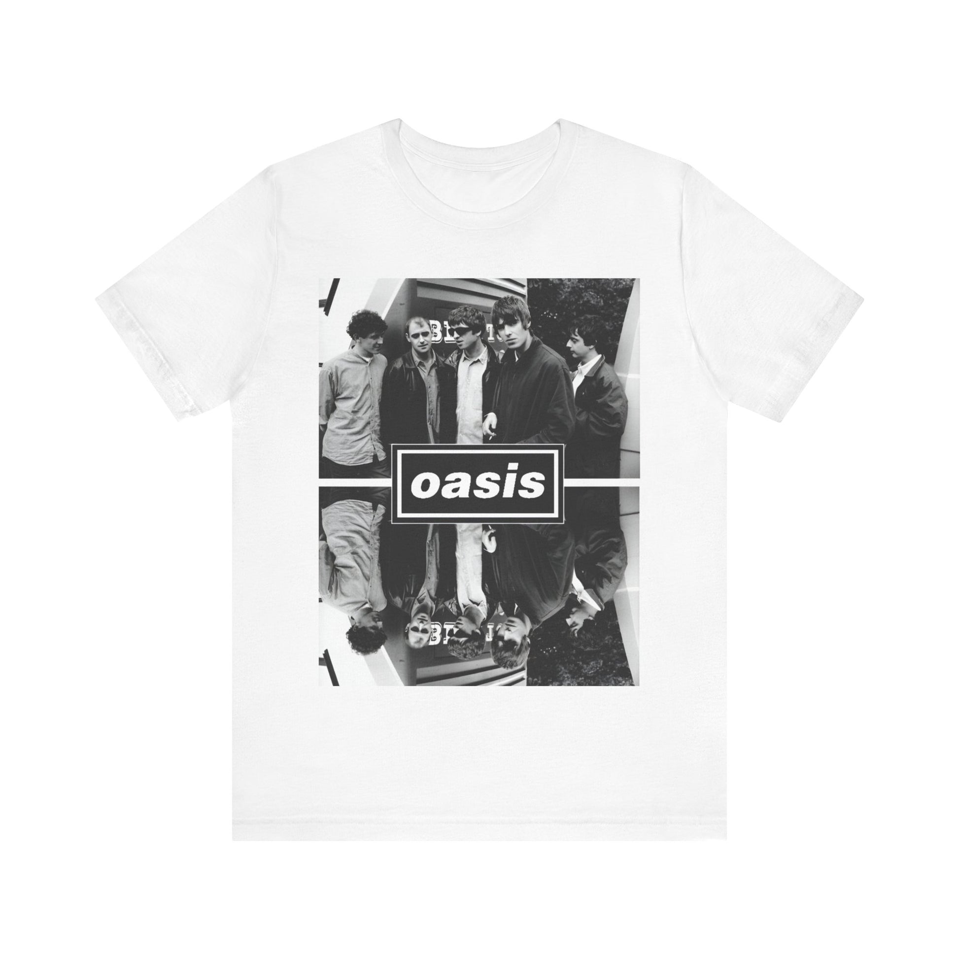 A black graphic t-shirt featuring an early days band photo graphic of Oasis.