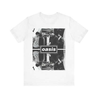 A black graphic t-shirt featuring an early days band photo graphic of Oasis.