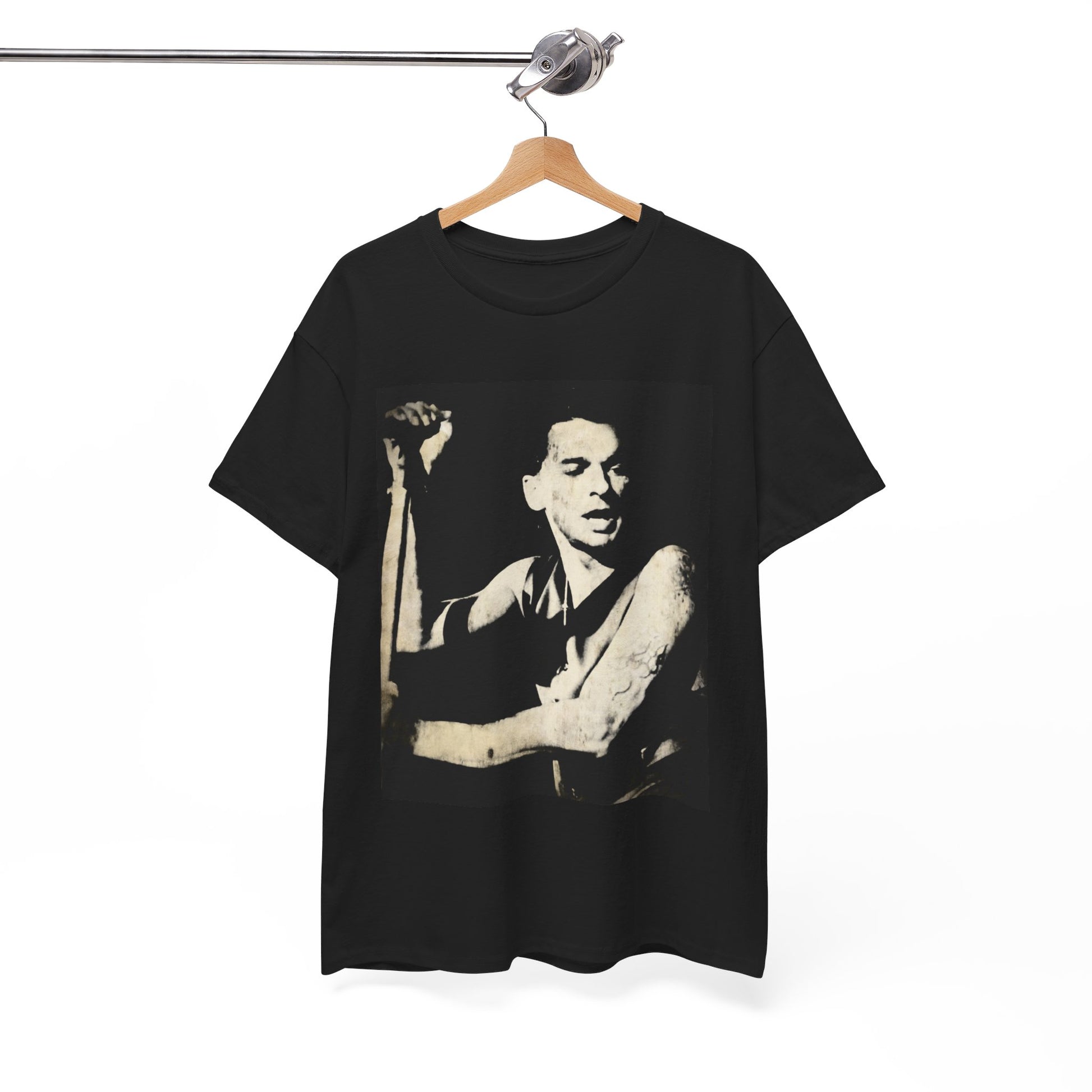 A black graphic t-shirt featuring a black and white graphic or photo of Depeche Mode performing live on stage.