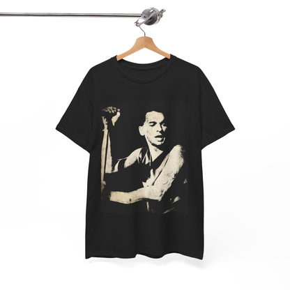 A black graphic t-shirt featuring a black and white graphic or photo of Depeche Mode performing live on stage.