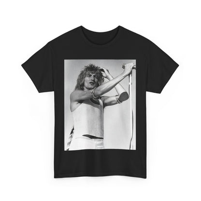 A black graphic t-shirt featuring a vintage black and white graphic or photo of Rod Stewart on tour.