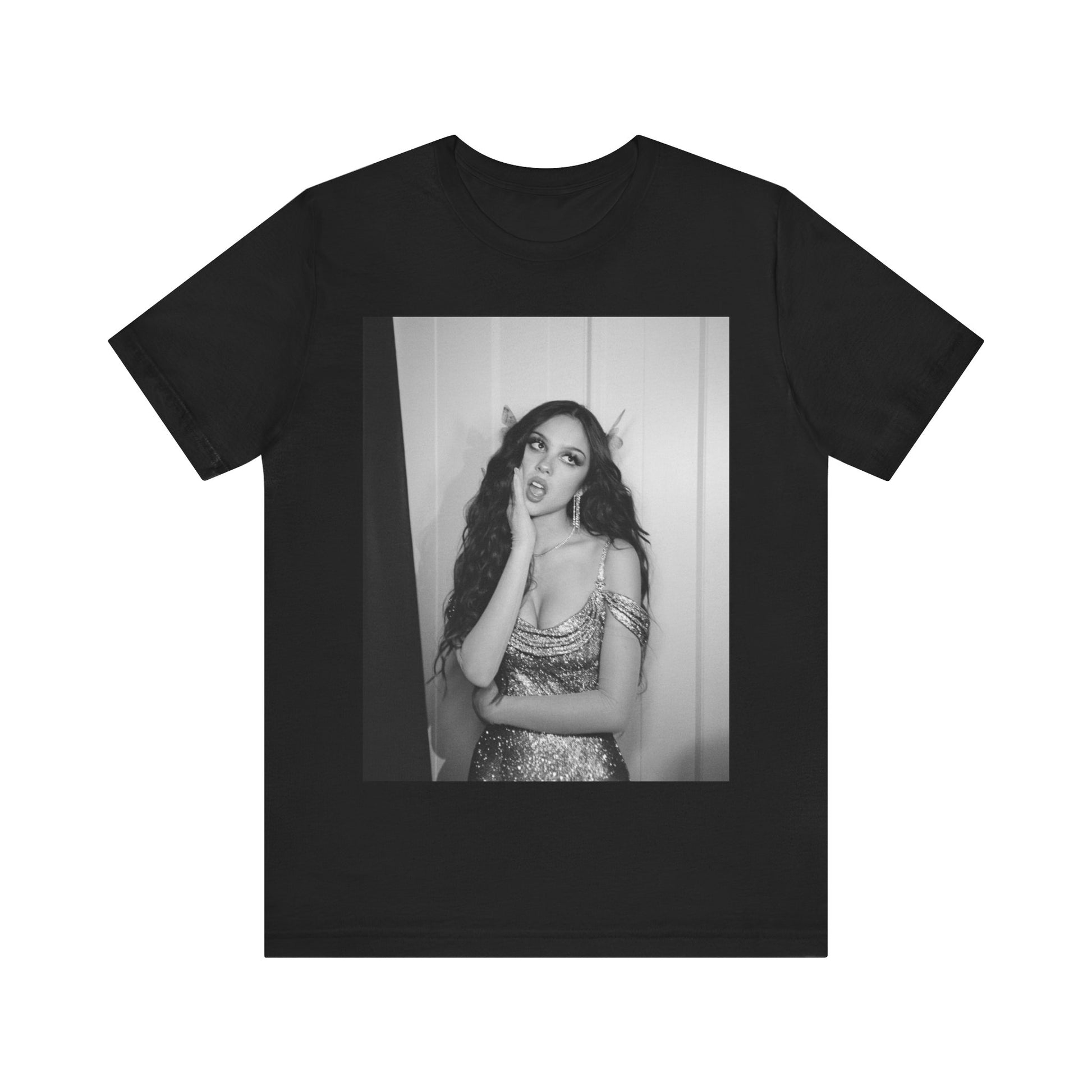 A black graphic t-shirt featuring a black and white, monochrome graphic or photo of Olivia Rodrigo.