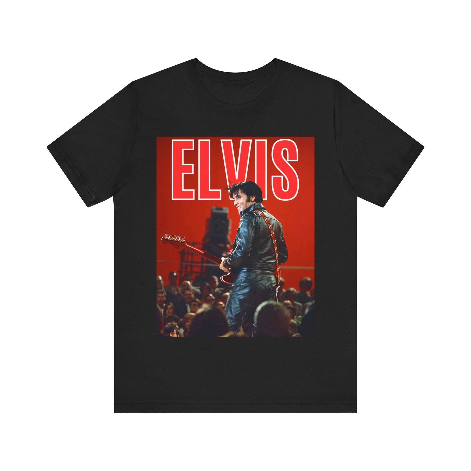 A black graphic t-shirt featuring a vintage graphic of Elvis Presley as the King of Rock 'n' Roll.