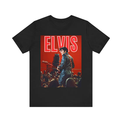 A black graphic t-shirt featuring a vintage graphic of Elvis Presley as the King of Rock 'n' Roll.