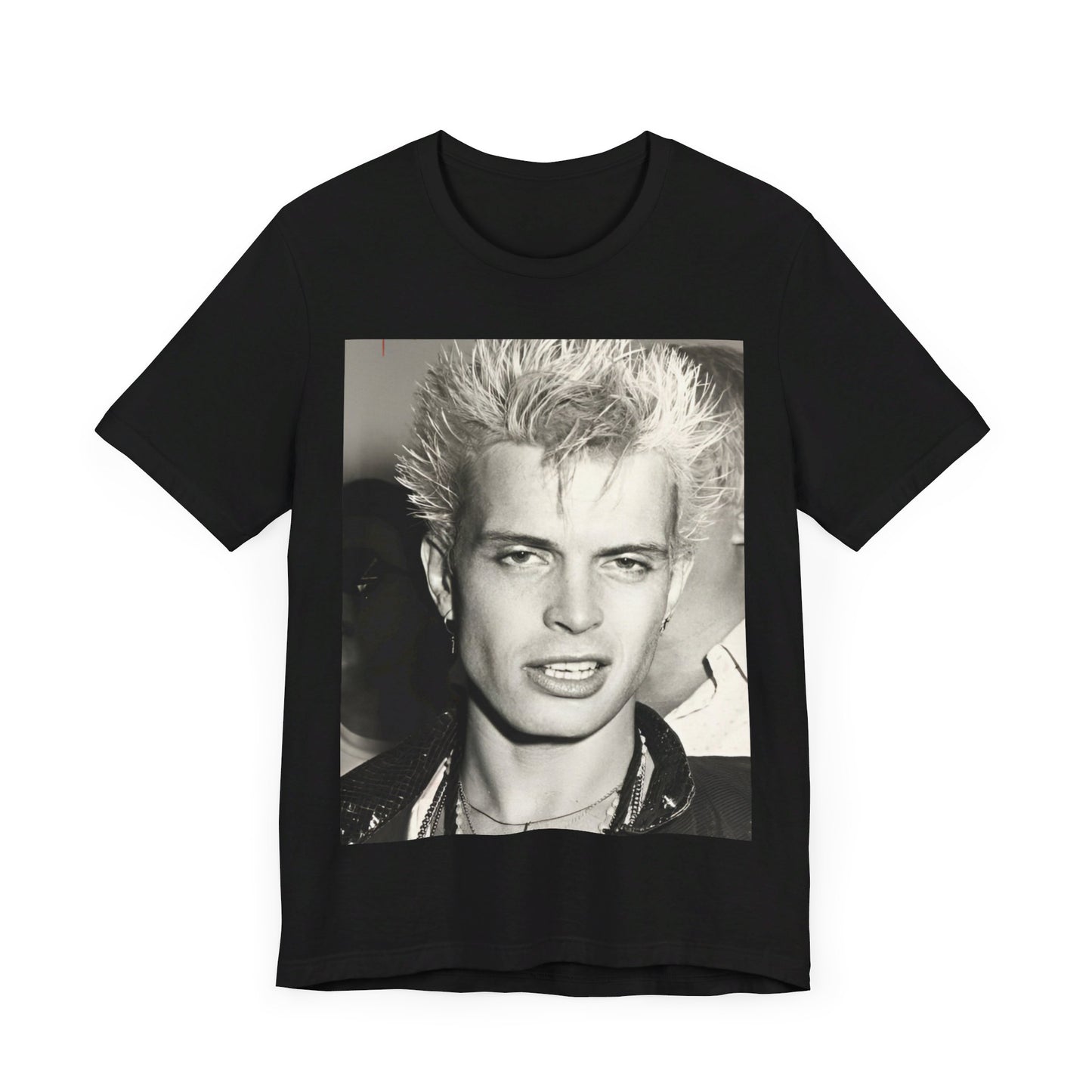 A black graphic t-shirt featuring a vintage black and white monochrome graphic of Billy Idol.