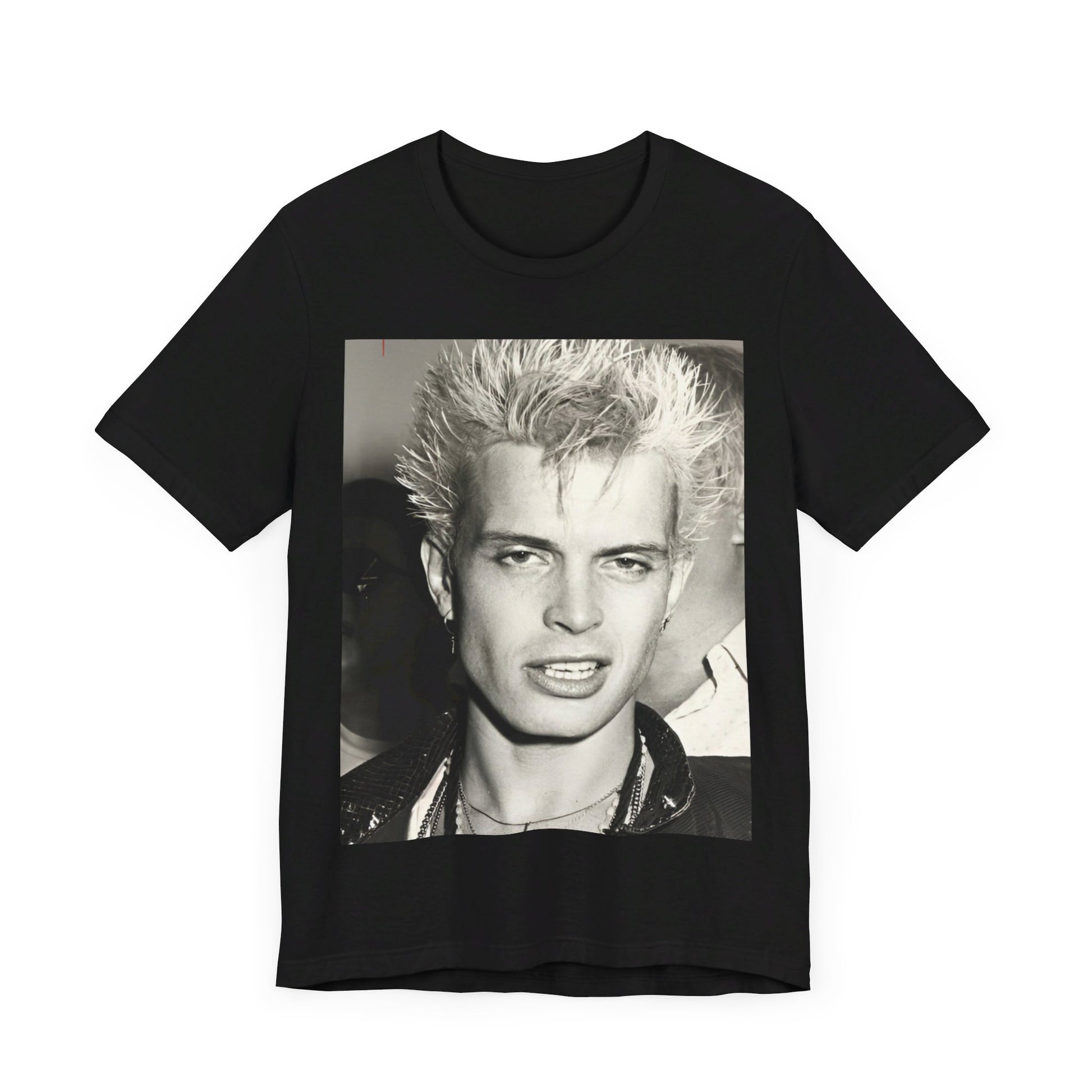 A black graphic t-shirt featuring a vintage black and white monochrome graphic of Billy Idol.