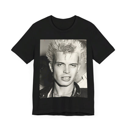 A black graphic t-shirt featuring a vintage black and white monochrome graphic of Billy Idol.