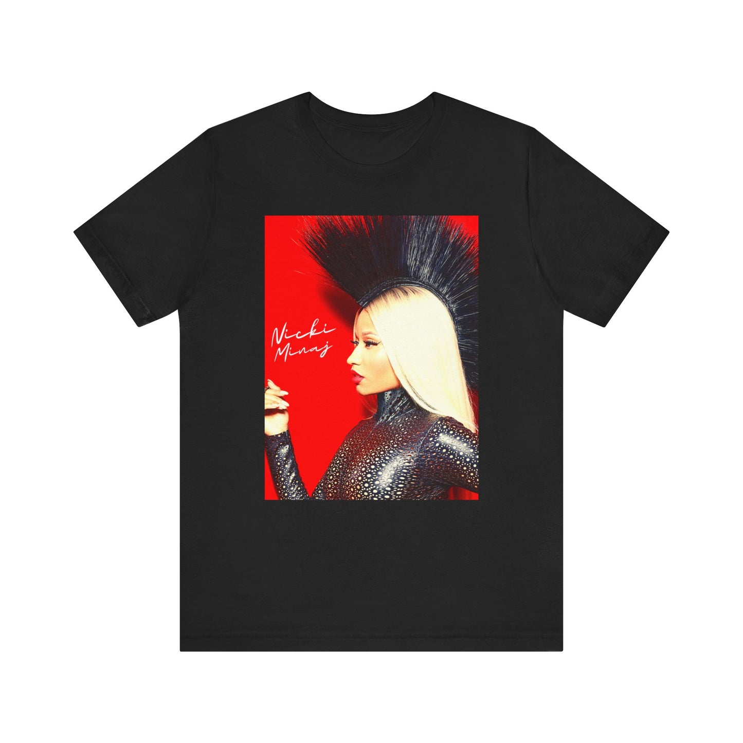 A black graphic t-shirt featuring a graphic of Nicki Minaj as a female rap pioneer.