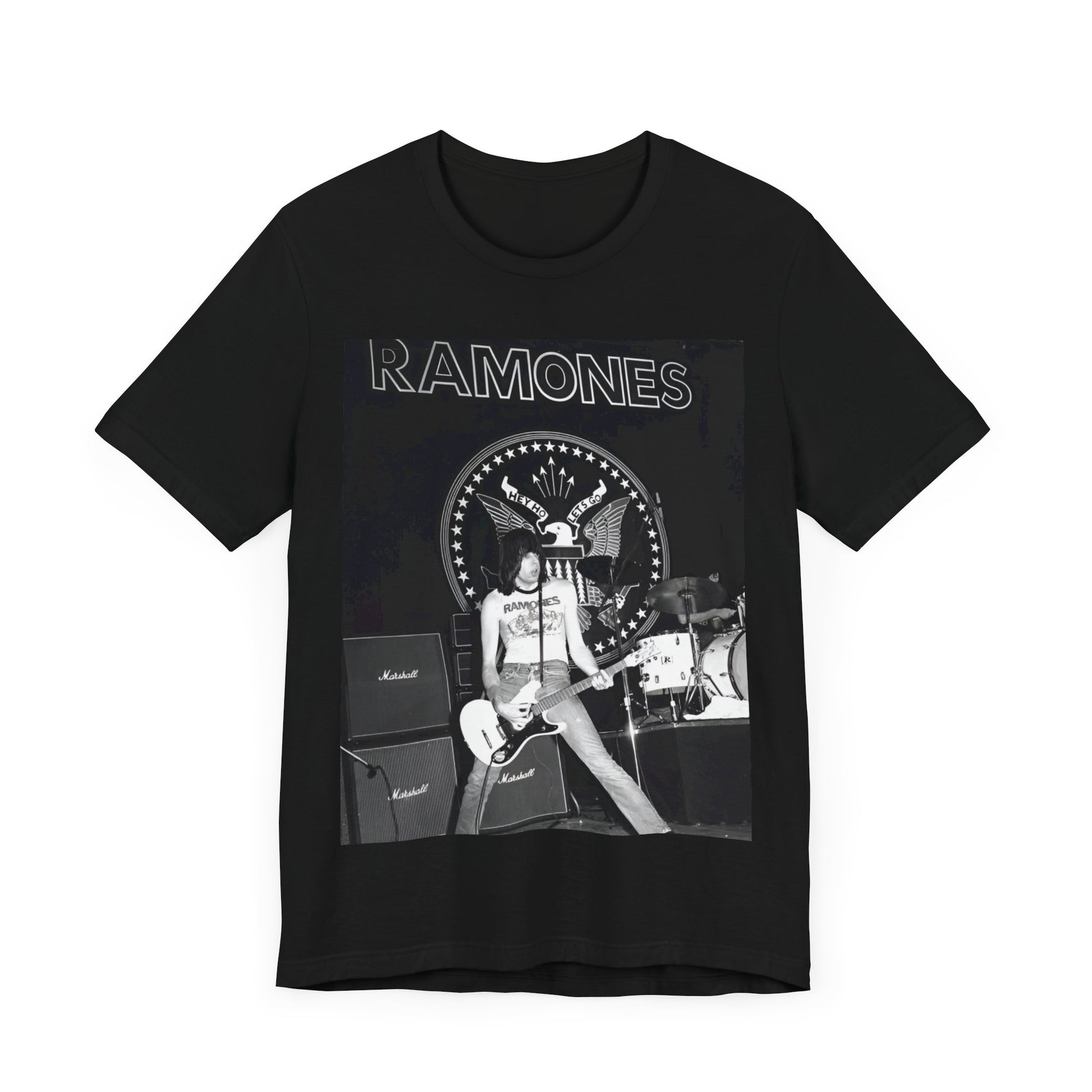 A black graphic t-shirt featuring a graphic of the Ramones with a cool NYC punk scene aesthetic.