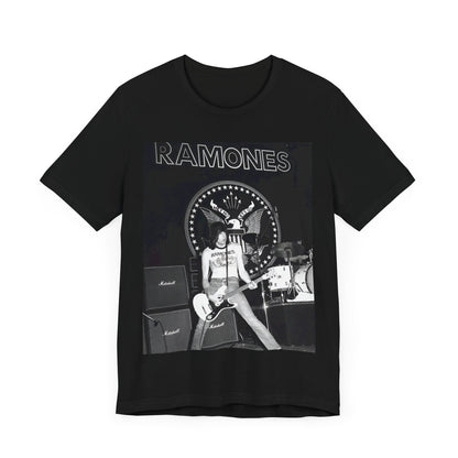 A black graphic t-shirt featuring a graphic of the Ramones with a cool NYC punk scene aesthetic.