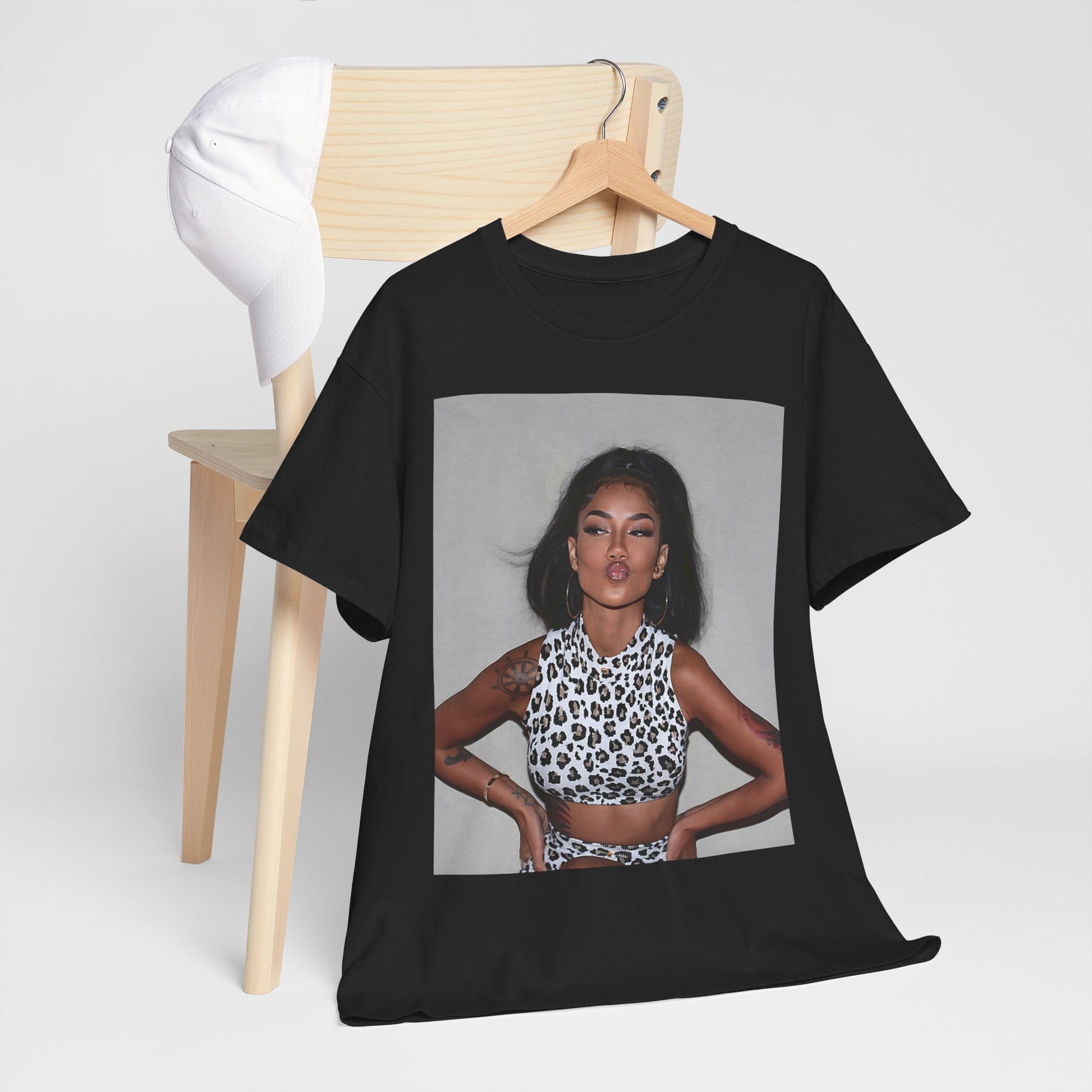 A black graphic t-shirt featuring a glamorous photo portrait of Jhene Aiko.