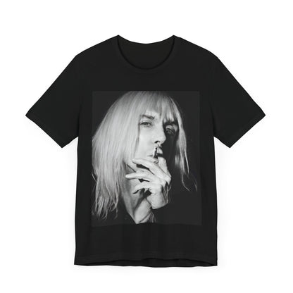 A black graphic t-shirt featuring a black and white graphic or photo of Iggy Pop holding a cigar.