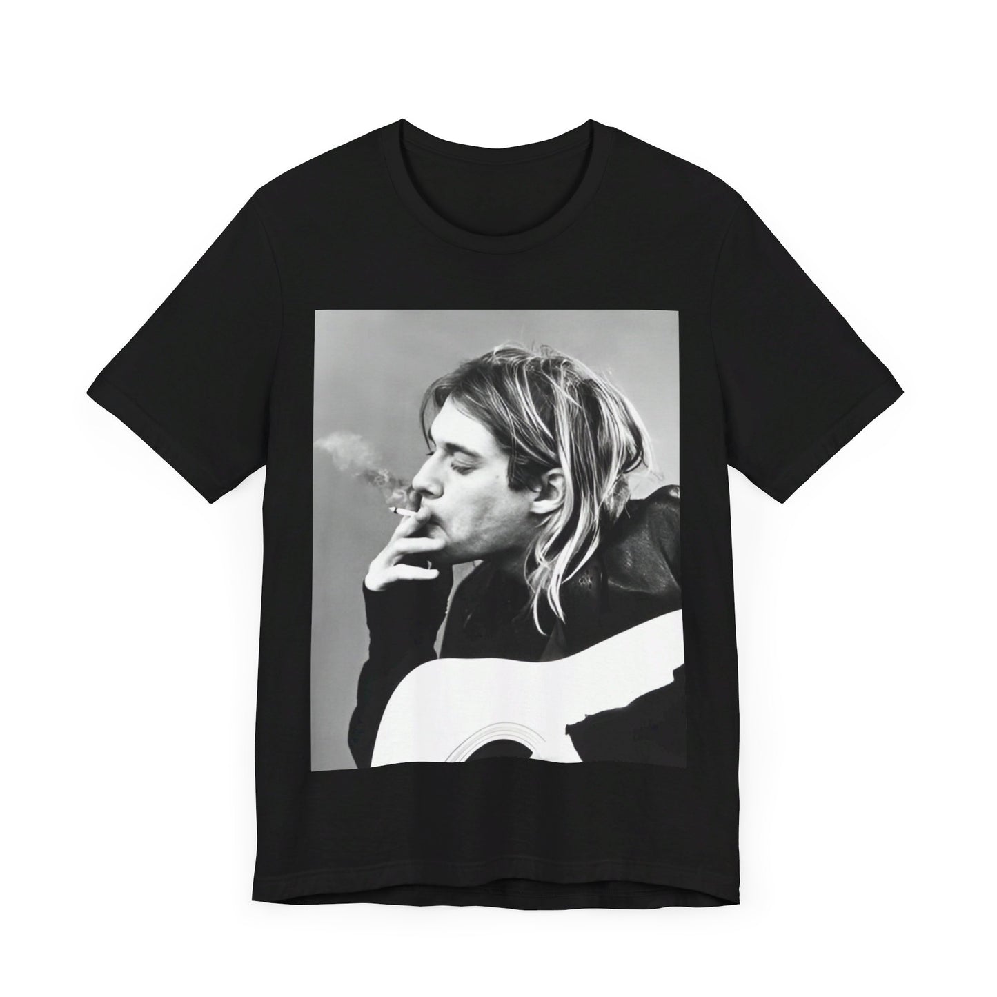 A black graphic t-shirt featuring a vintage photo of a Nirvana member with a cigarette.