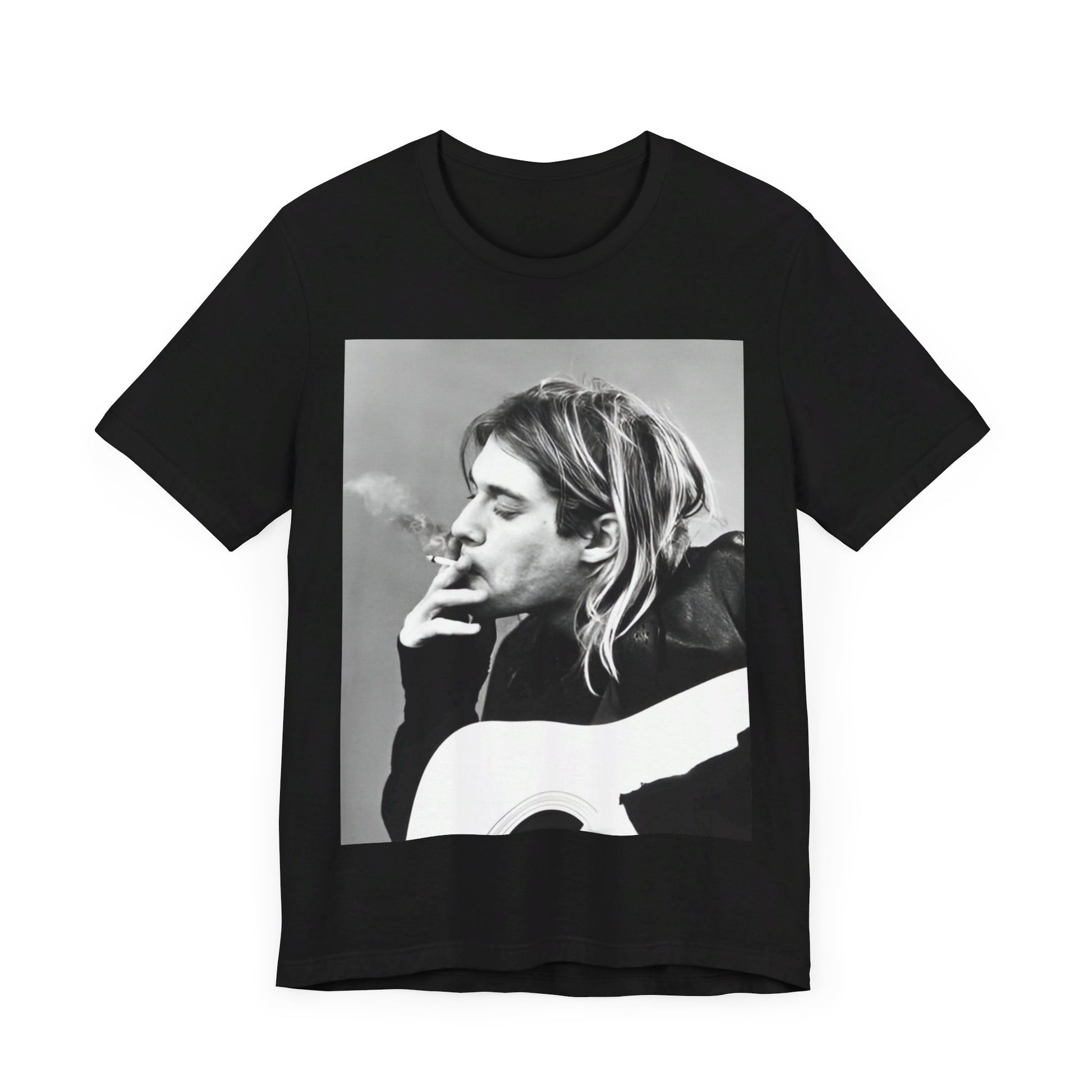 A black graphic t-shirt featuring a vintage photo of a Nirvana member with a cigarette.