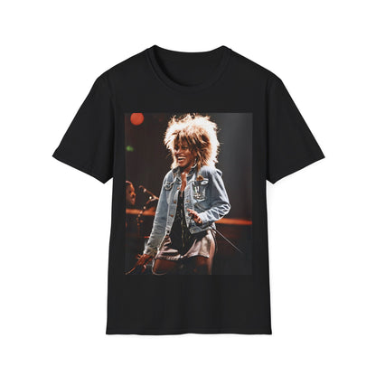 A black graphic t-shirt featuring a 90s graphic of Tina Turner emphasizing her on-stage presence.