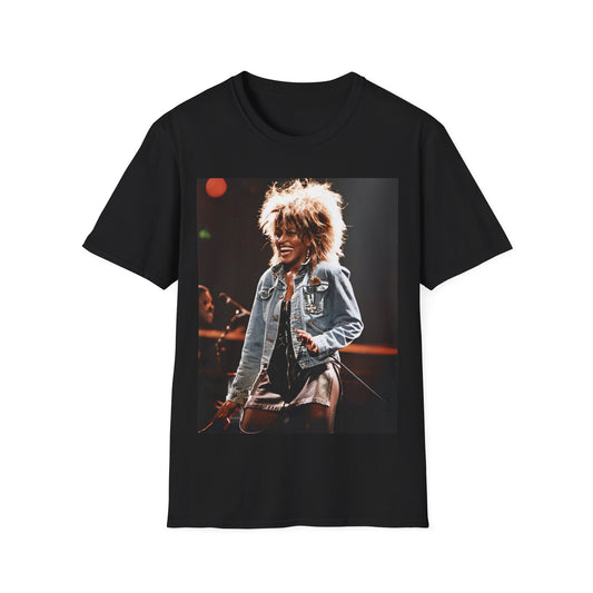 A black graphic t-shirt featuring a 90s graphic of Tina Turner emphasizing her on-stage presence.