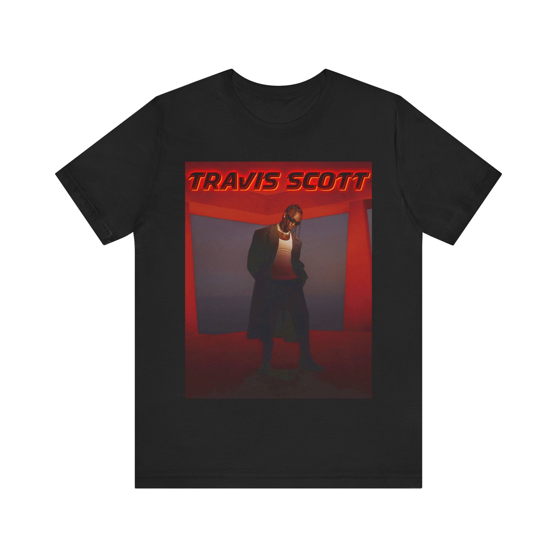 A black graphic t-shirt featuring a graphic of Travis Scott with a dreamy rap soundscape aesthetic.