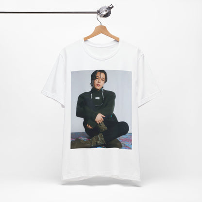 A black graphic t-shirt featuring a modern K-Pop essential graphic of Jimin.