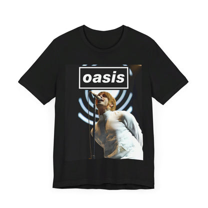 A black graphic t-shirt featuring a graphic or photo of Oasis performing live.