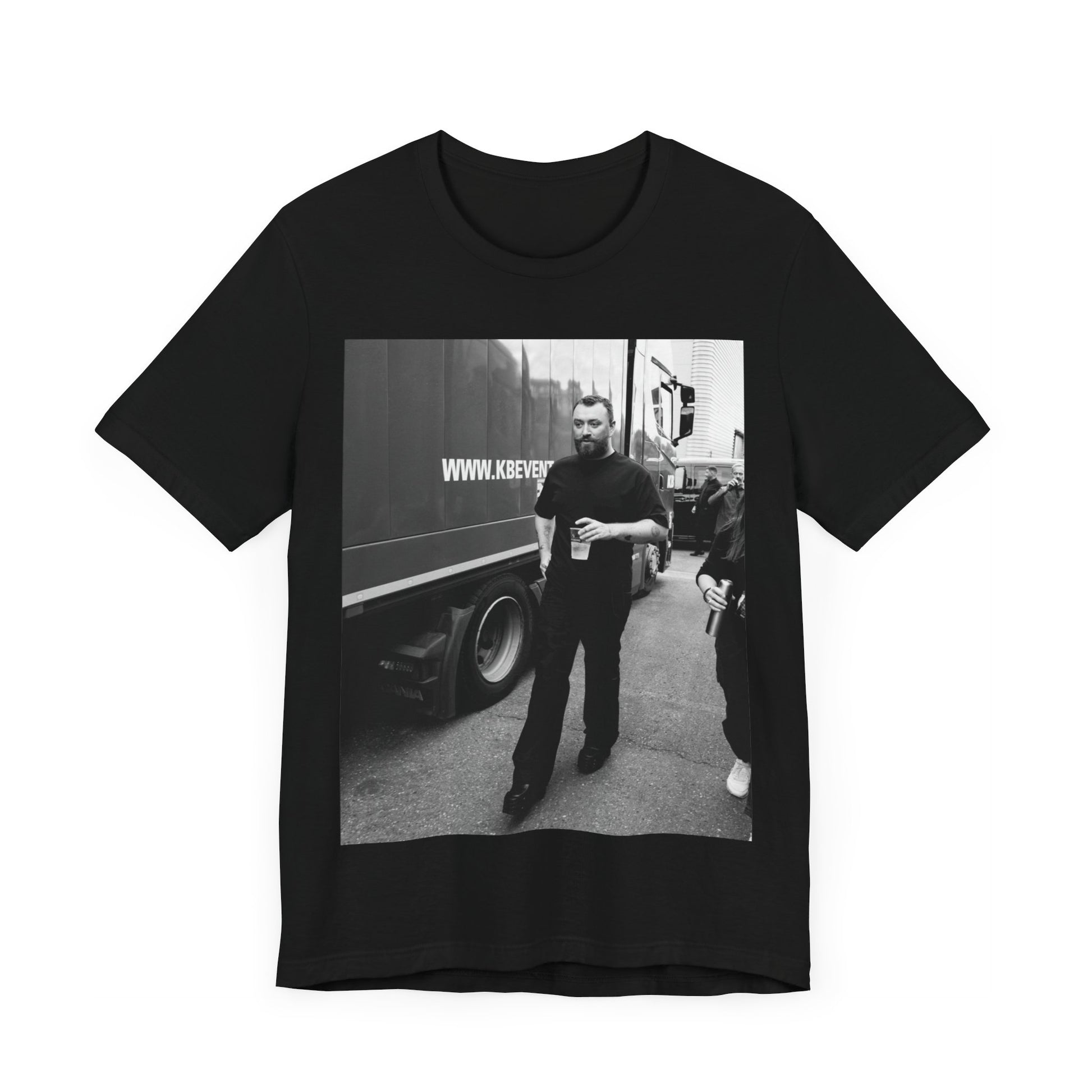 A black graphic t-shirt featuring a graphic or photo of Sam Smith in a backstage setting.