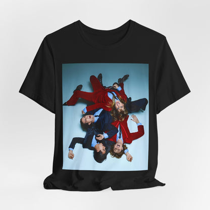 A black graphic t-shirt featuring a graphic of Maneskin in a 70s rock style aesthetic.