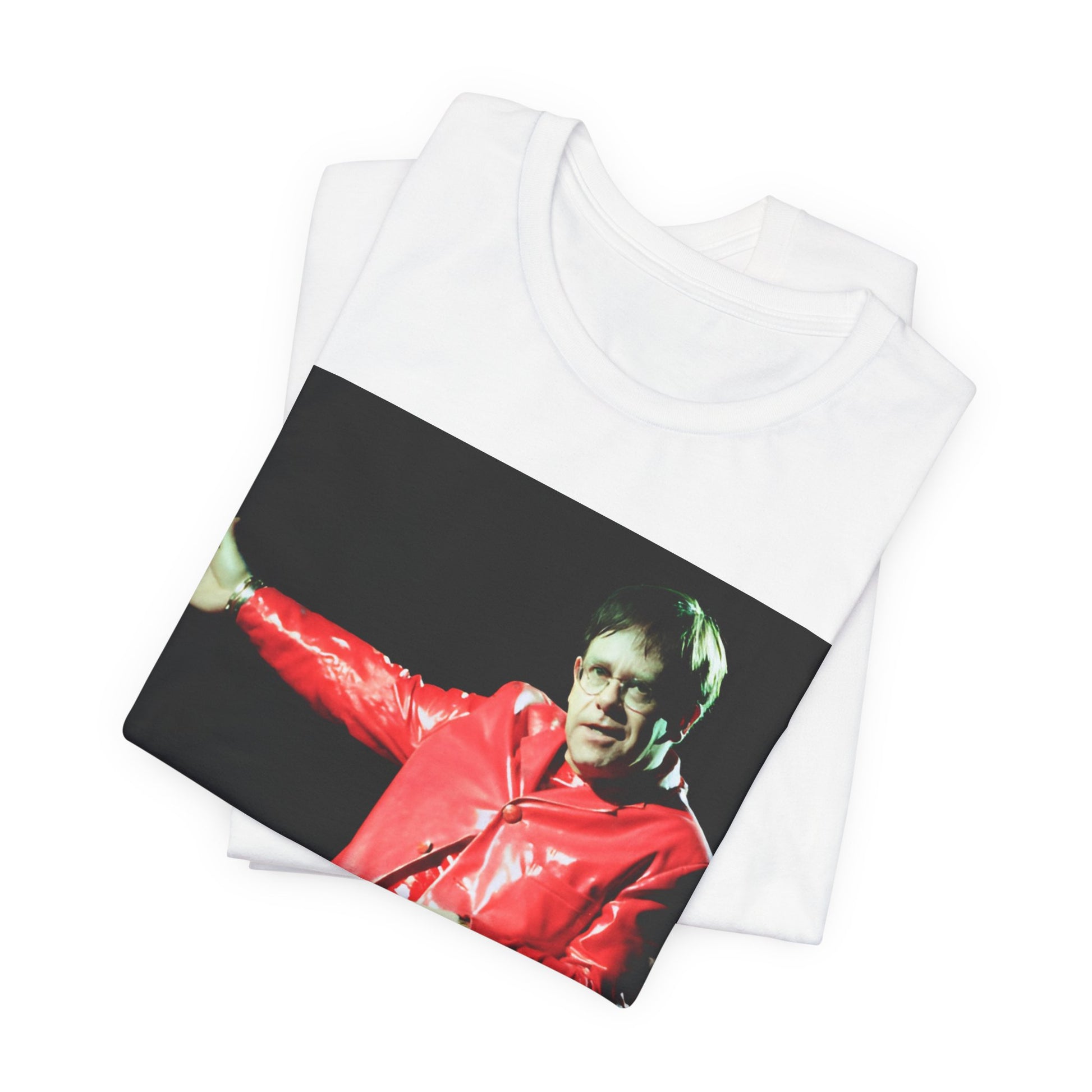 A black graphic t-shirt featuring a vintage photo portrait of Elton John as a music legend.