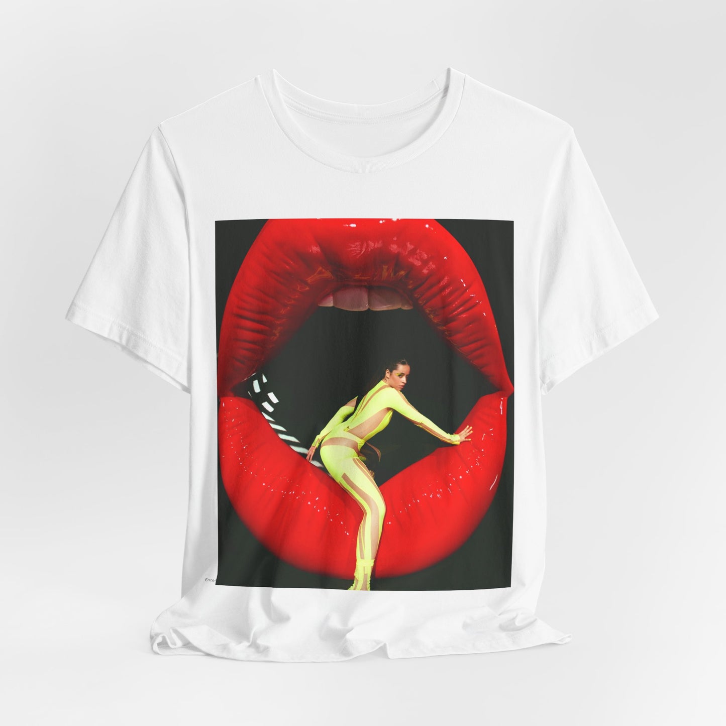 A black graphic t-shirt featuring a graphic of Camila Cabello with a 'rebel heart' or edgy pop star aesthetic.