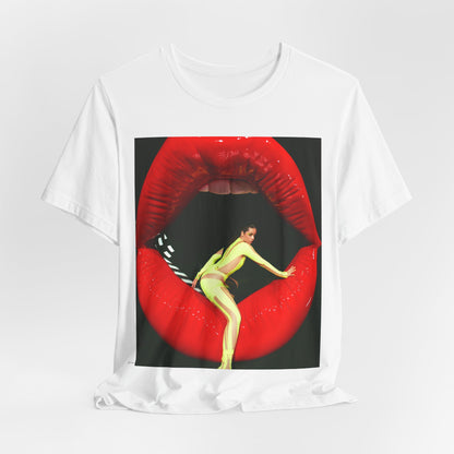 A black graphic t-shirt featuring a graphic of Camila Cabello with a 'rebel heart' or edgy pop star aesthetic.