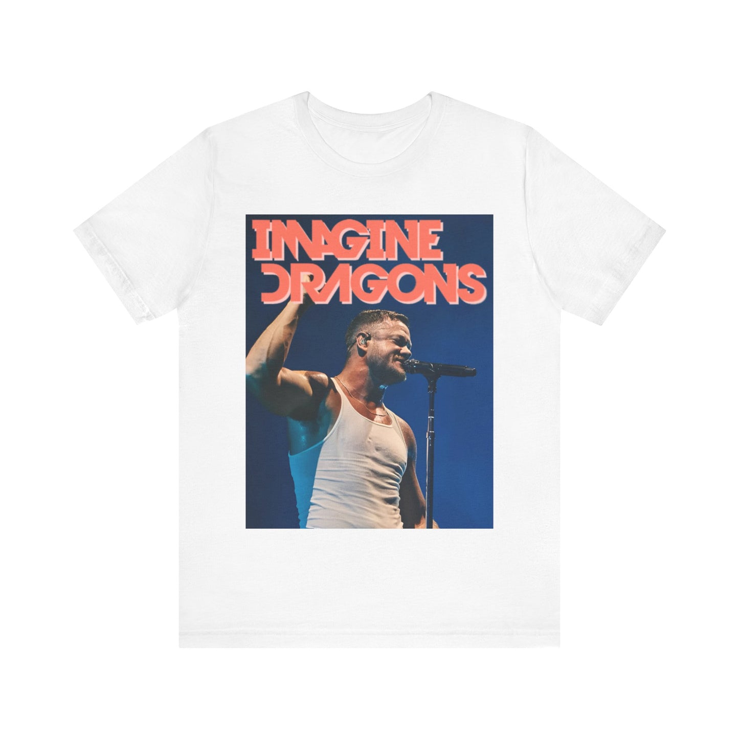 A black graphic t-shirt featuring a retro live concert photo of Imagine Dragons.