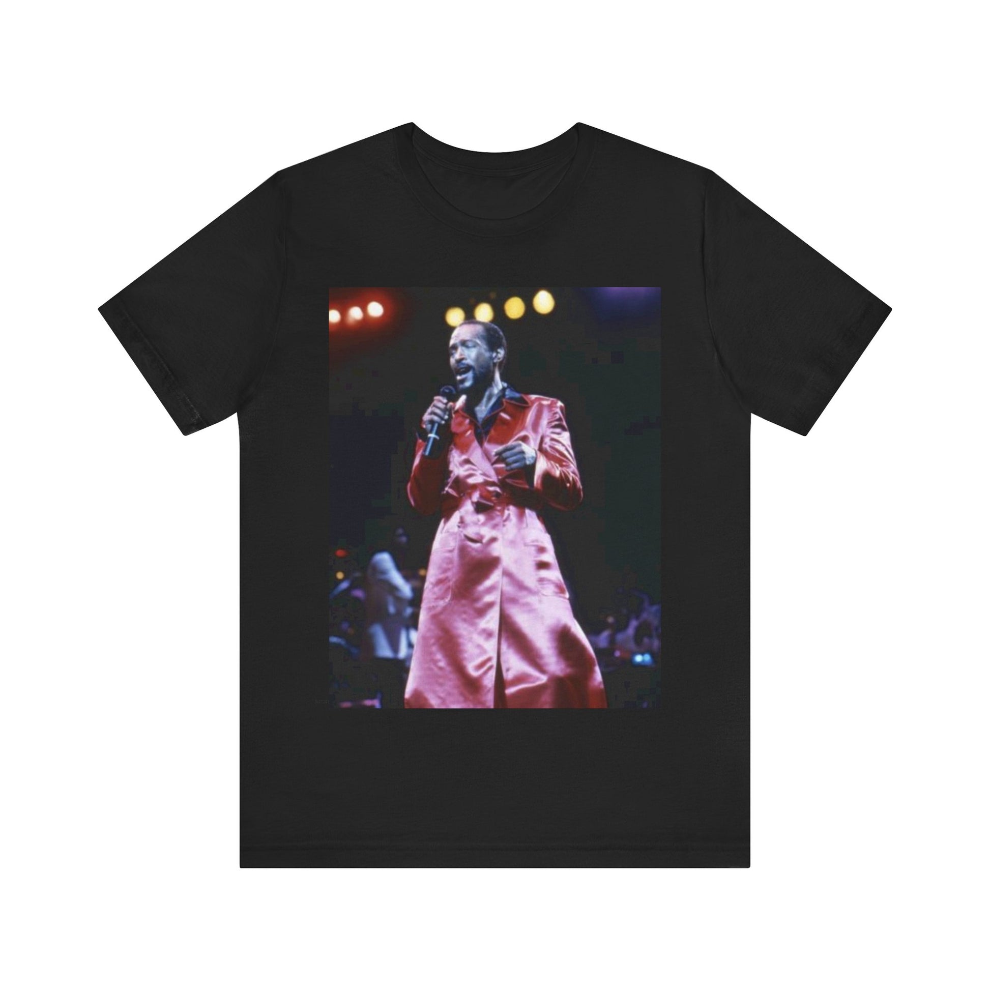 A black graphic t-shirt featuring a vintage graphic or photo of Marvin Gaye performing live.