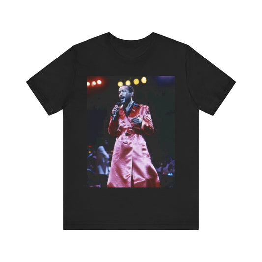 A black graphic t-shirt featuring a vintage graphic or photo of Marvin Gaye performing live.