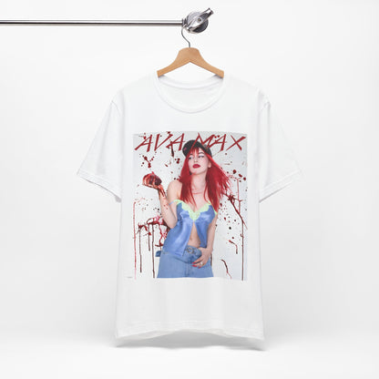 A black graphic t-shirt featuring a bold and vibrant pop art style graphic of Ava Max.
