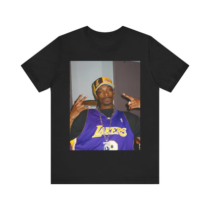 A black graphic t-shirt featuring a graphic of Snoop Dogg with Lakers branding or colors.
