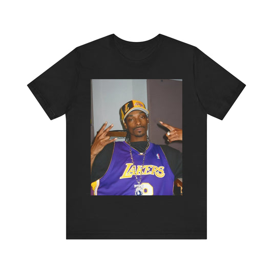 A black graphic t-shirt featuring a graphic of Snoop Dogg with Lakers branding or colors.