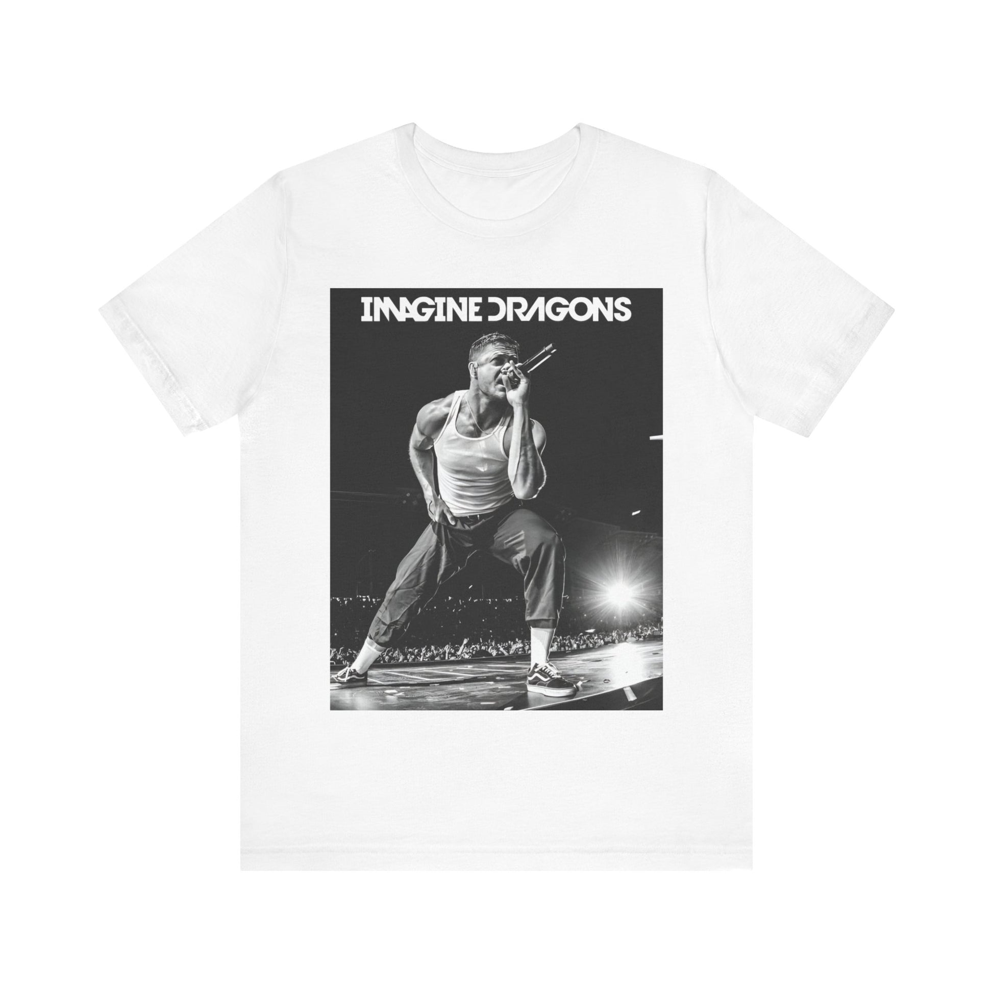 A black graphic t-shirt featuring a black and white graphic related to Imagine Dragons' 'Radioactive' song or era.
