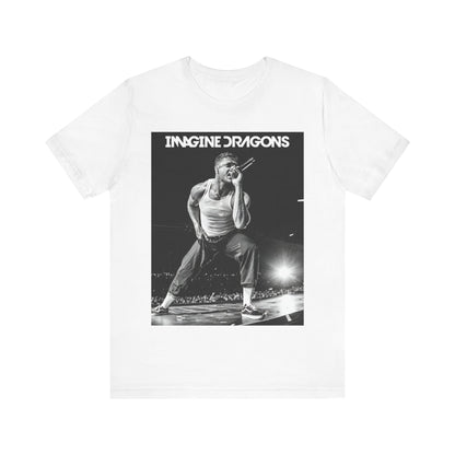 A black graphic t-shirt featuring a black and white graphic related to Imagine Dragons' 'Radioactive' song or era.