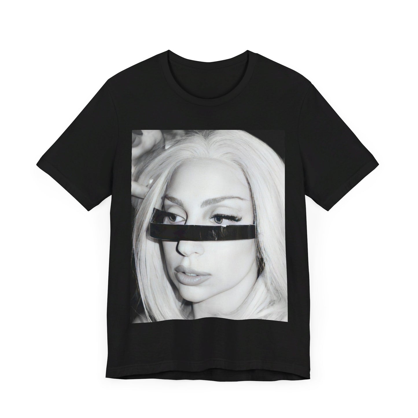 A black graphic t-shirt featuring a black and white graphic or photo of Lady Gaga in a backstage setting.