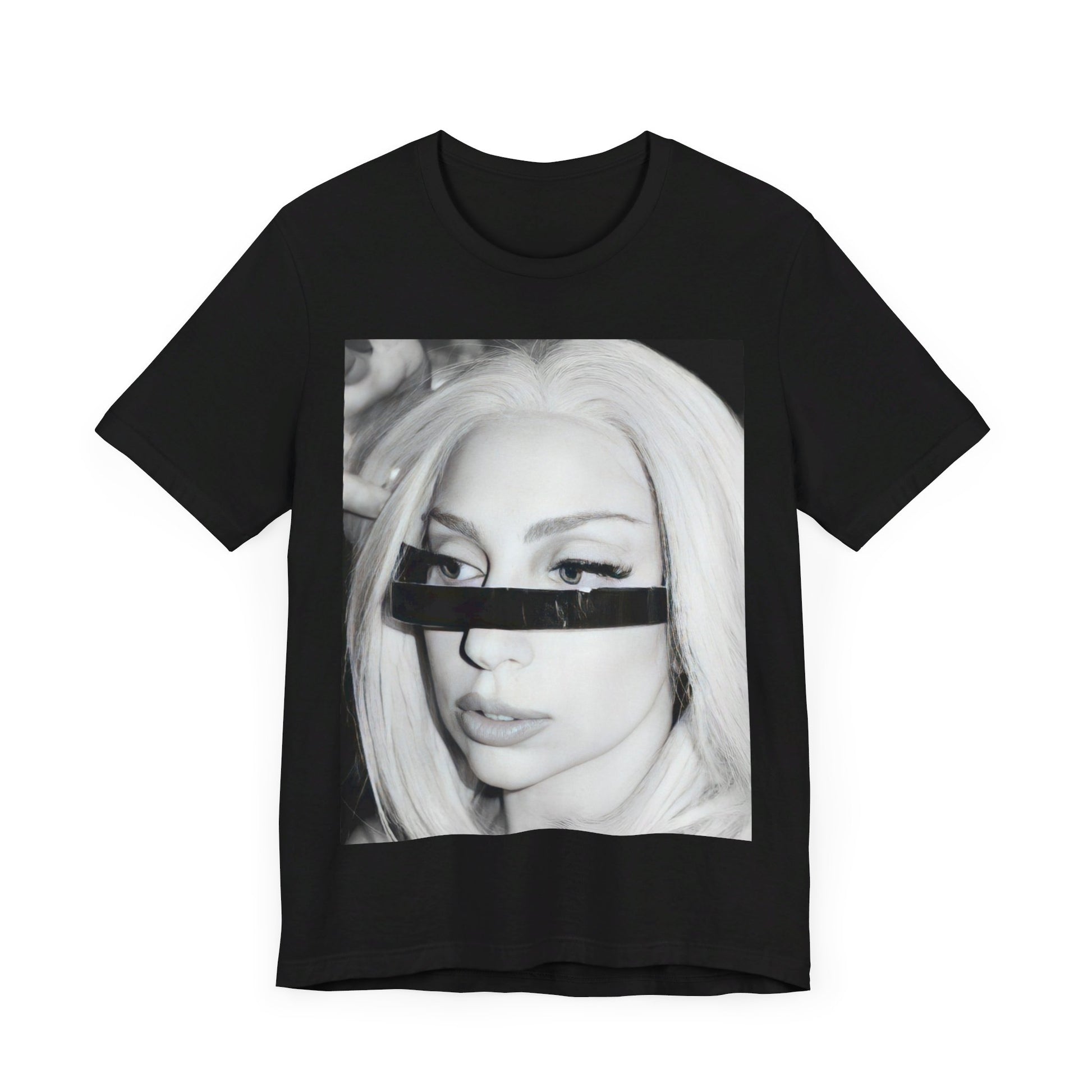 A black graphic t-shirt featuring a black and white graphic or photo of Lady Gaga in a backstage setting.
