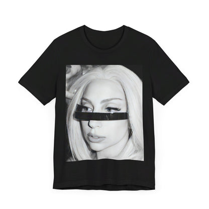 A black graphic t-shirt featuring a black and white graphic or photo of Lady Gaga in a backstage setting.