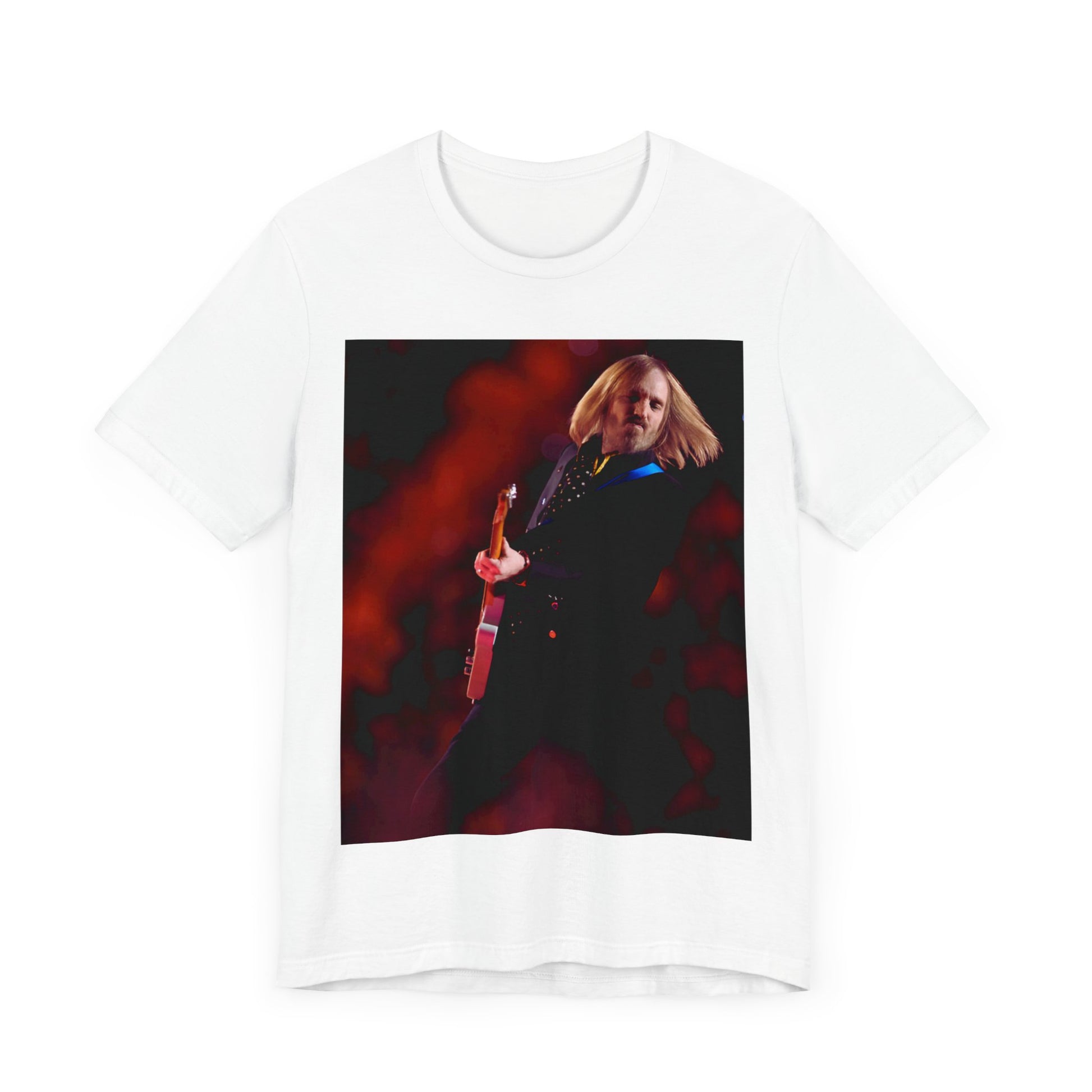 A black graphic t-shirt featuring a graphic or photo of Tom Petty as a powerhouse live performer.