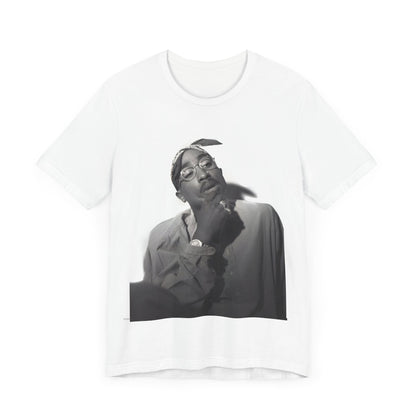 A black graphic t-shirt featuring a classic 90s West Coast rap graphic of Tupac.