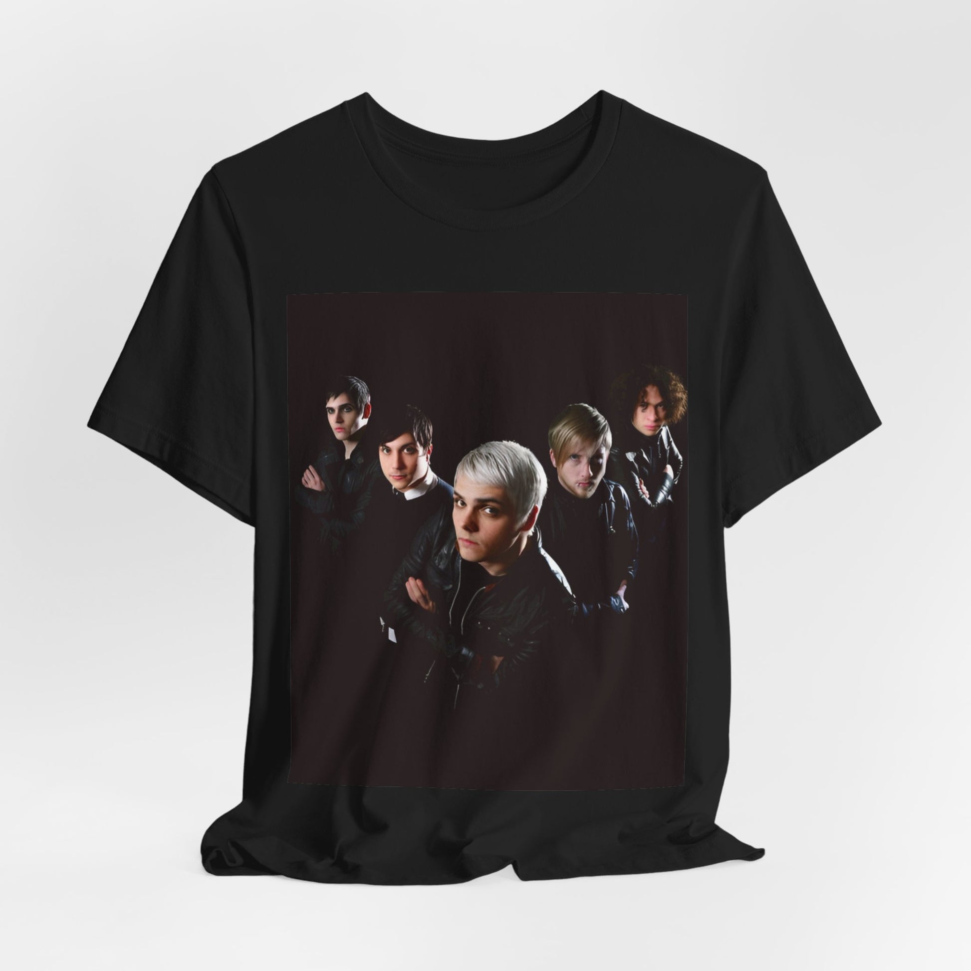 A black graphic t-shirt featuring a modern rock graphic of My Chemical Romance.