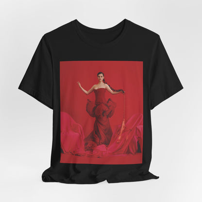 A black graphic t-shirt featuring a glam pop diva graphic of Selena Gomez.