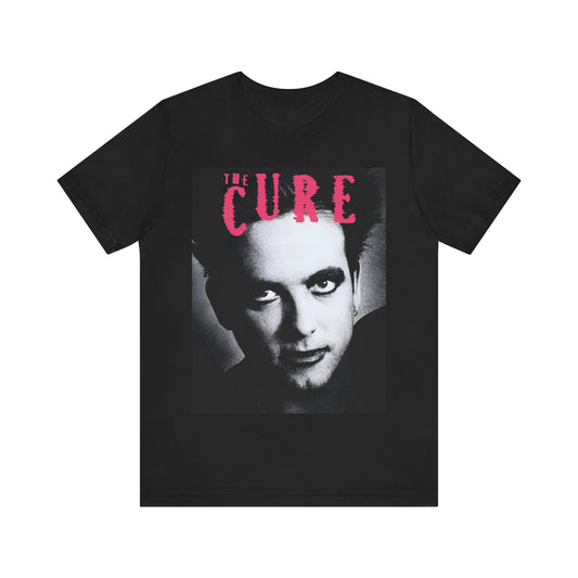 A black graphic t-shirt featuring an 80s post-punk aesthetic graphic of The Cure.