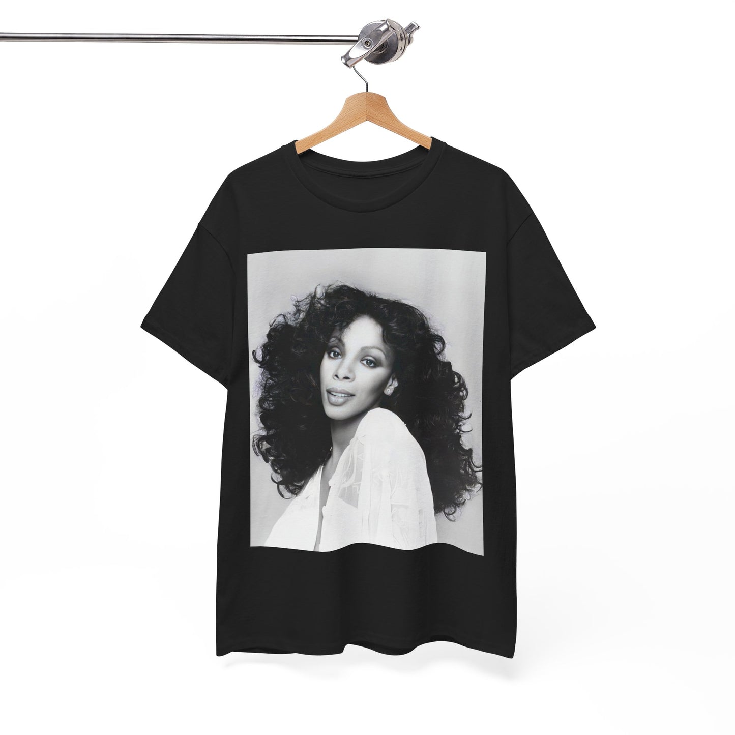 A black graphic t-shirt featuring a black and white portrait photo of Donna Summer.