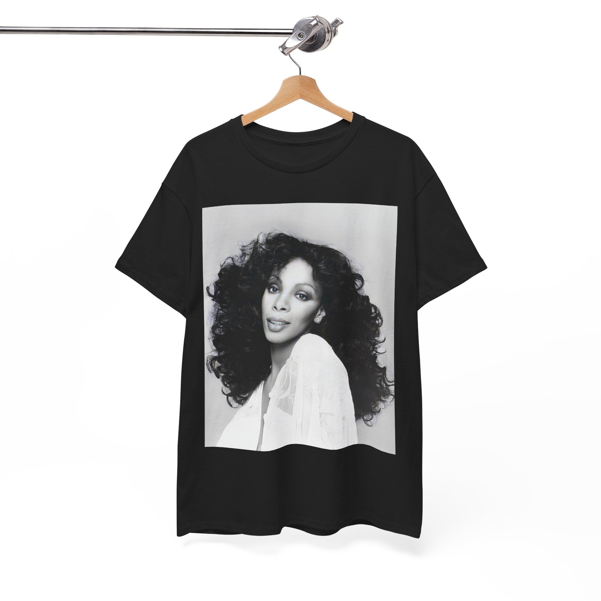 A black graphic t-shirt featuring a black and white portrait photo of Donna Summer.